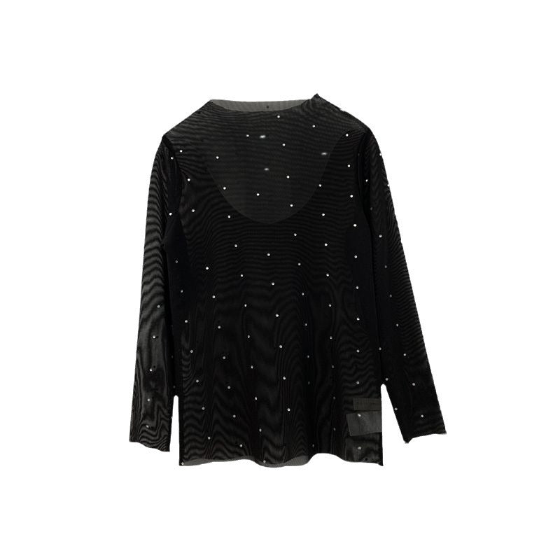 Z25030903女童網紗上衣長袖鏤空網狀T恤兒童透明亮片時尚洋氣外穿打底衫潮