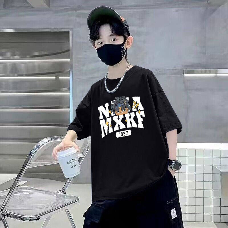 Z25030421男童短袖T恤純棉夏季新款卡通印花圓領中大童寬鬆休閒帥氣T恤潮