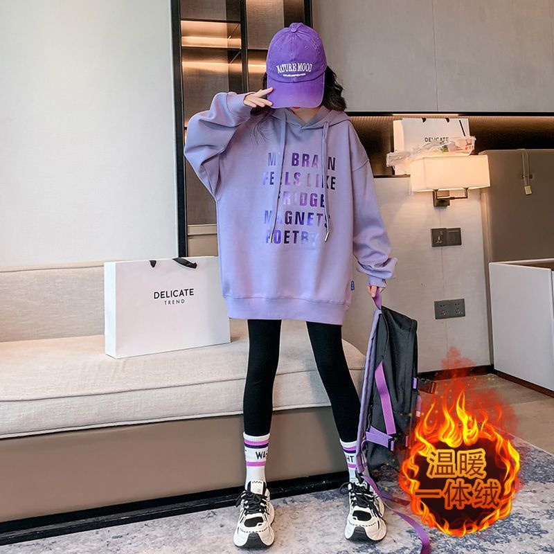 Z25010135女童加絨秋冬款中長款衛衣新款寬鬆中大童冬款加厚一體加絨上衣