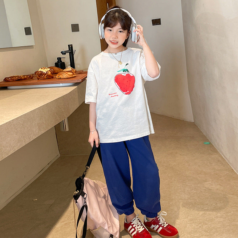 Z25030432女童短袖T恤夏裝新款中大童純棉寬鬆圓領兒童休閒夏季童裝上衣潮