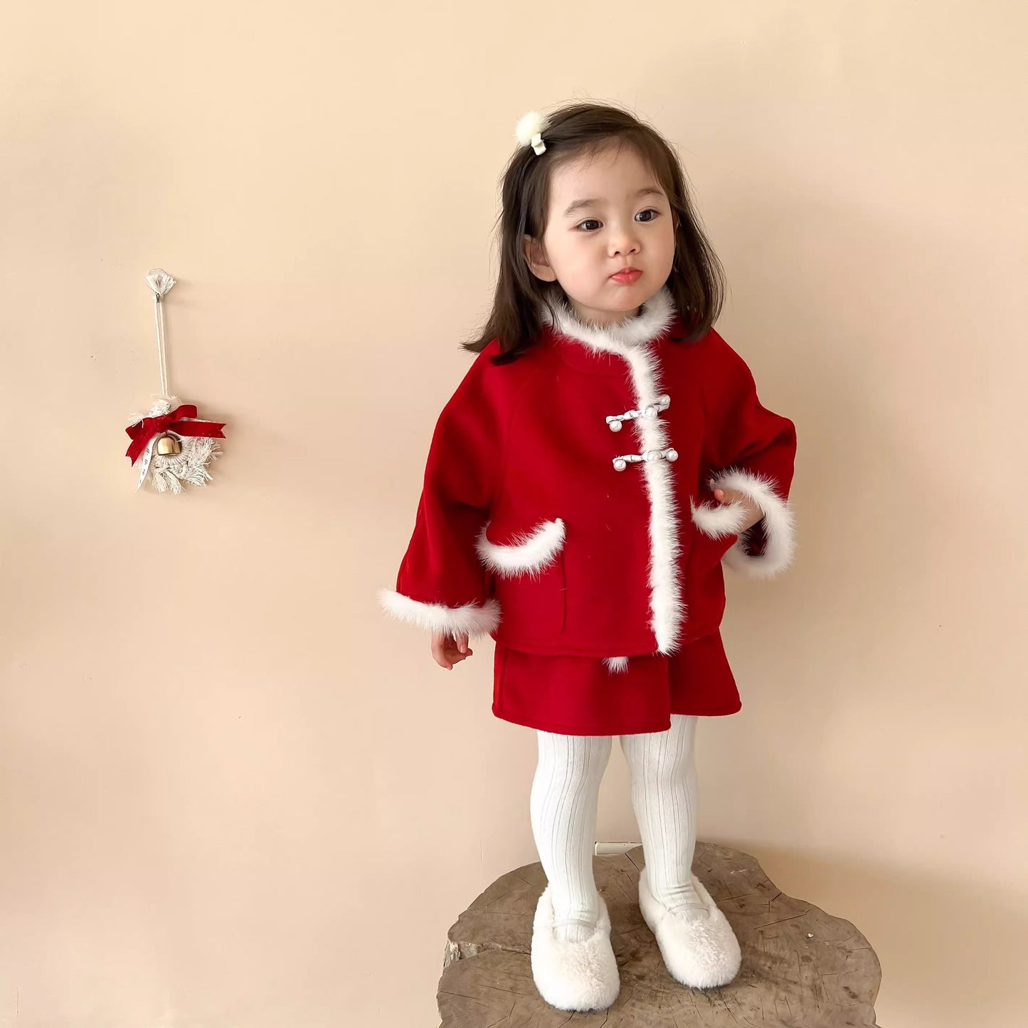 Z24110117女童拜年服冬裝兒童中國風新年冬喜慶寶寶過年衣服毛呢套裙