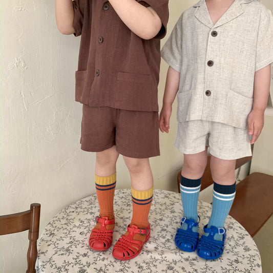 Z25020919韓國童裝兒童時尚韓版套裝男女童童襯衫短袖襯衫短褲兩件套潮