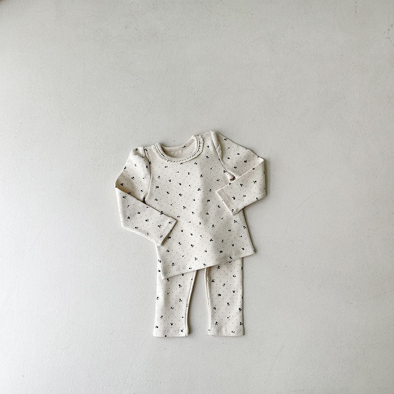 GB24011105韓版嬰幼童棉印花彈性居家服套裝新生兒潮搭可愛蕾絲套裝舒適潮