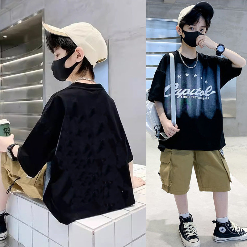 F24050706男童夏裝短袖男童2024新款體卹中大兒童夏季潮牌男孩半袖套裝