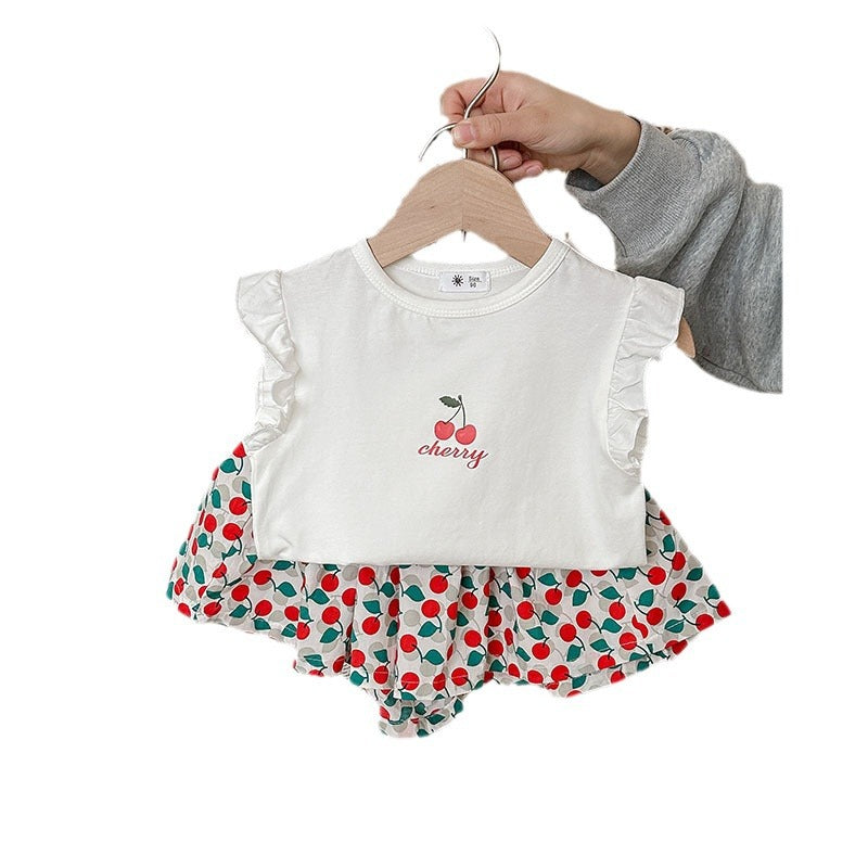 J24022901歐美風女童短袖套裝夏季新品童裝批發女幼童蝴蝶印花T恤兩件套