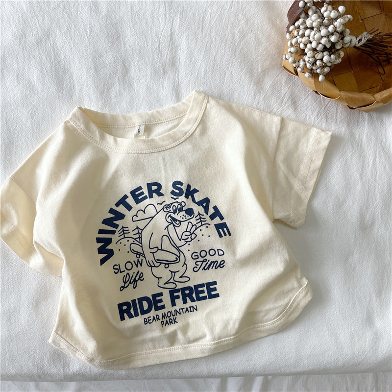 CA23072715夏季新品兒童韓版麻棉短袖T恤女童男童弧形包邊打底衫兒童