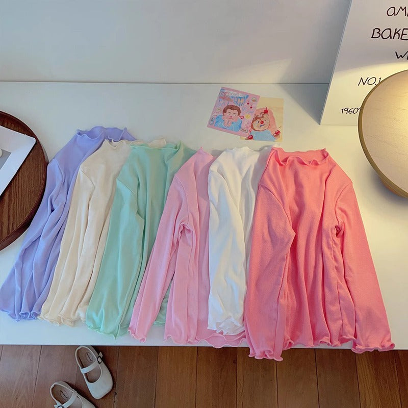 CA23101806兒童半高領打底衫2023春秋款百搭木耳邊上衣女童純色內搭T恤