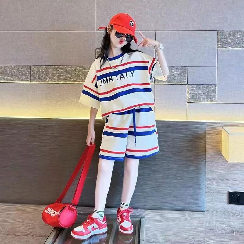 FG25053004女童夏季潮流套裝2025新兒童短袖套裝藍白條紋套裝