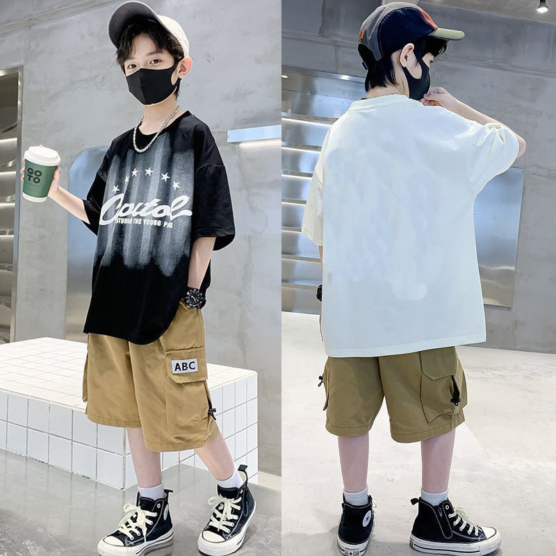 F24050706男童夏裝短袖男童2024新款體卹中大兒童夏季潮牌男孩半袖套裝