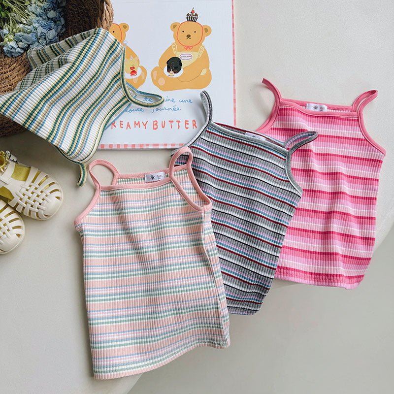 J24022908跨國女童吊帶衫外貿色夏裝女寶無袖上衣卡通刺繡修身彈性休閒背心