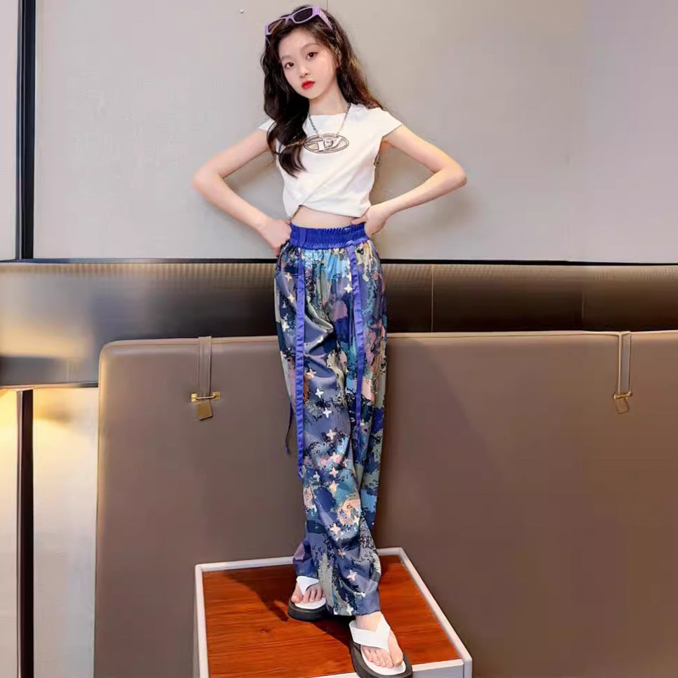F24050710女童夏裝短袖套裝2024新款女大童裝夏季時尚花褲闊腿褲薄款兩件套