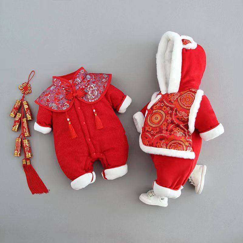 Z23121409新生嬰幼兒衣服秋冬裝冬季加厚拜年服男女寶寶新年裝過年冬連身衣(9-12天到貨)