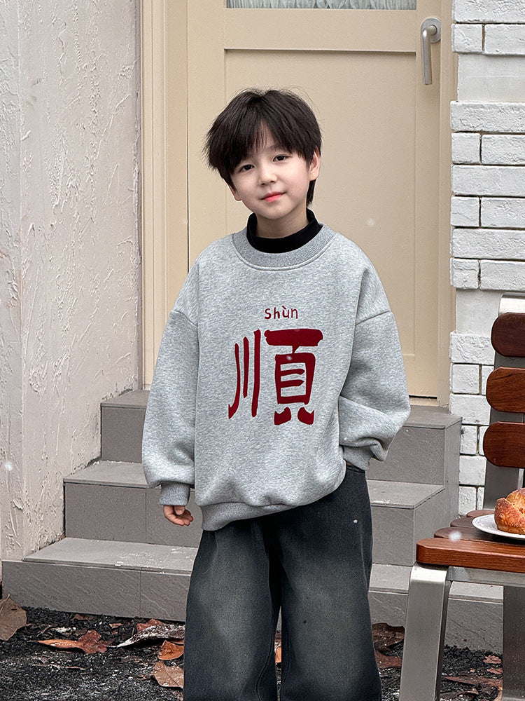 CA24121804男童加絨衛衣2025新款冬季加厚一體絨過年新年紅色喜慶兒童拜年服