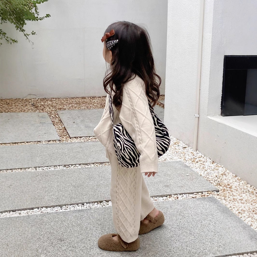 CG25103002春秋韓版女童復古絞花毛線針織套裝女寶寶毛衣線褲休閒兩件套