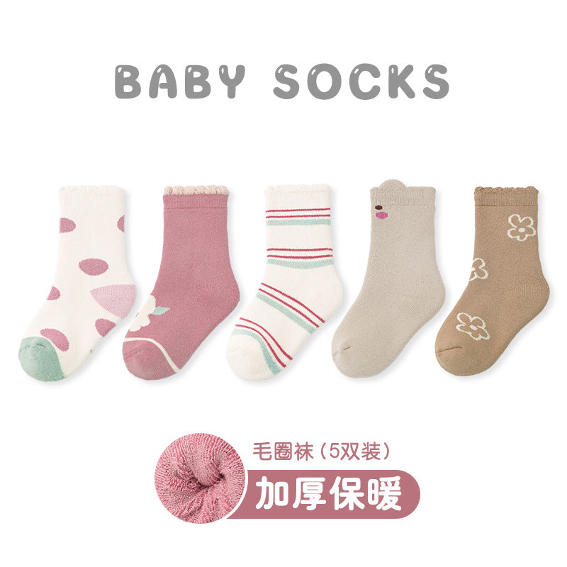 Z23101807嬰兒襪批發2023秋冬加厚卡通動物毛圈襪精梳棉A類保暖男寶寶襪(5雙起批)9~12天到貨