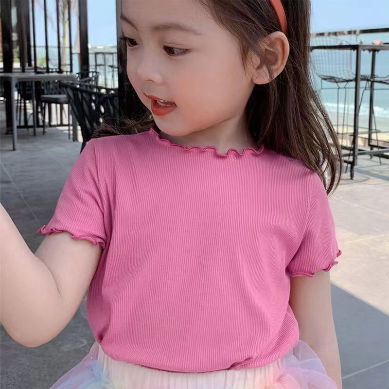 CA23072728新款女童木耳邊夏裝寶寶洋氣打底衫短袖冰絲圓領T恤兒童上衣