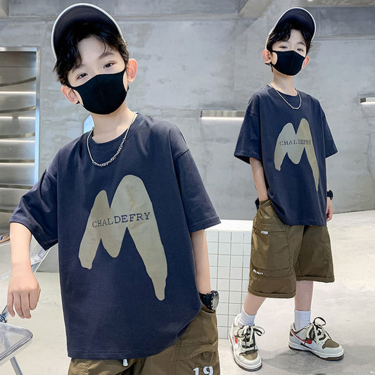 Z25030414男童短袖純棉t恤童趣酷帥新款兒童t卹字母寬鬆圓領上衣夏季童裝