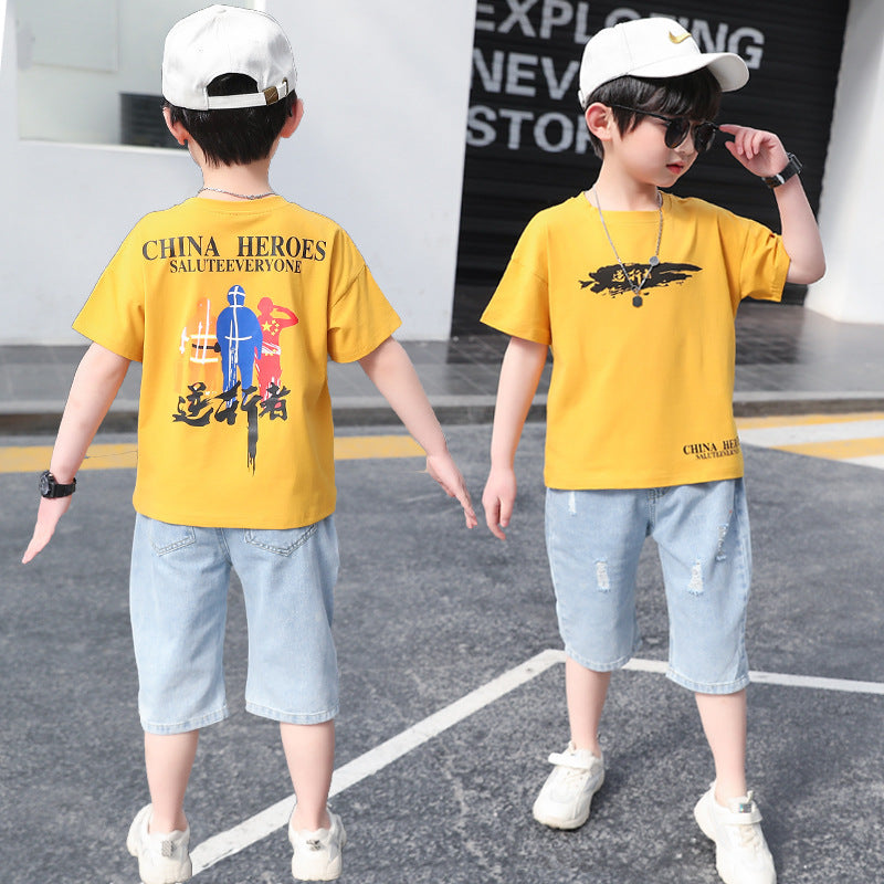 F23050219男童套裝2023夏裝新款寬鬆九分薄款防蚊褲兩件套-中大童