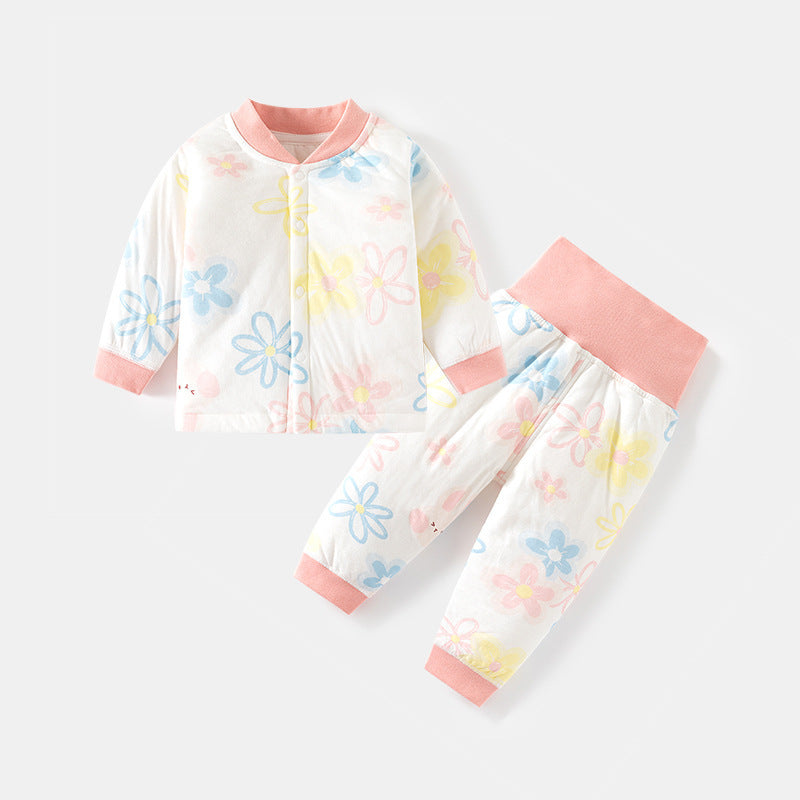 GJ25102101嬰兒夾棉內衣套裝兒童秋冬打底對開秋衣褲男女寶寶薄棉高腰護肚秋