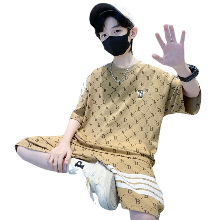 FC24040715男童夏裝薄款T卹短褲洋氣兩件套中大童炸街2024新帥氣寬鬆套裝(9-12天到貨)