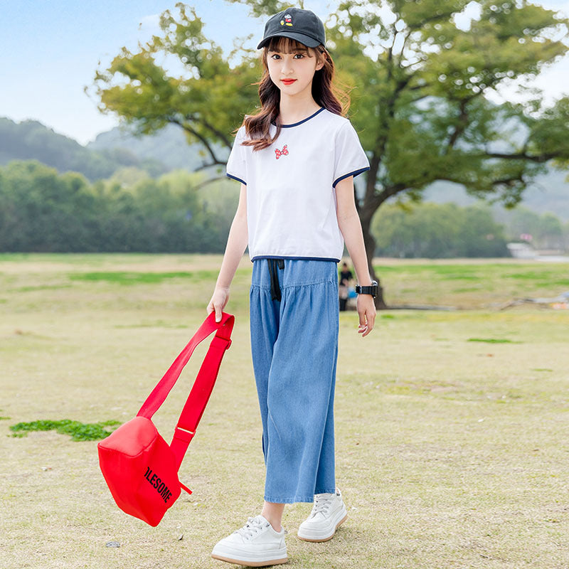 FE24070103女童夏裝套裝2024新款韓版兒童裝洋氣中大童短袖牛仔闊腿褲兩件套(9-12天到貨)