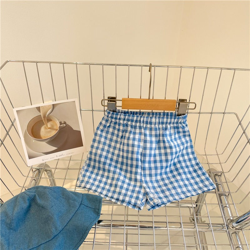 CA23072710夏季沙灘褲外穿百搭格子褲運動褲韓國休閒褲男女童格子短褲