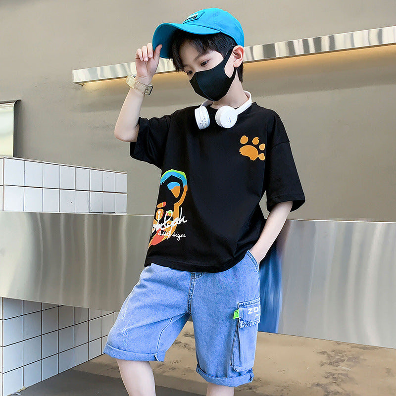 F23050212男童夏季套裝2023新款時髦短袖潮流-中大童