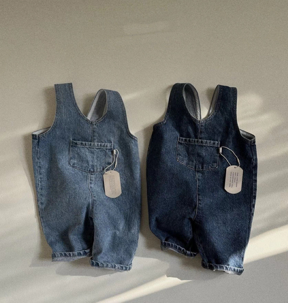 GB25032409ins韓版牛仔藍純色口袋連身背帶長褲男女寶寶春秋夏款休閒背帶褲