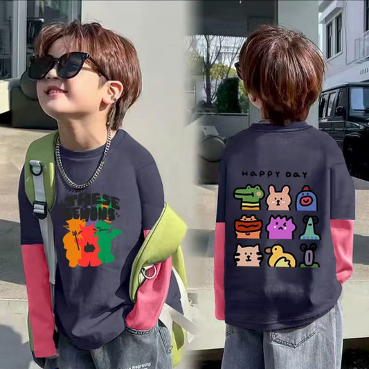 CE25091903男女童純棉T春秋新款兒童長袖打底帥氣中大童寶寶休閒假兩件上衣