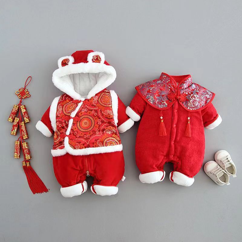 Z23121409新生嬰幼兒衣服秋冬裝冬季加厚拜年服男女寶寶新年裝過年冬連身衣(9-12天到貨)