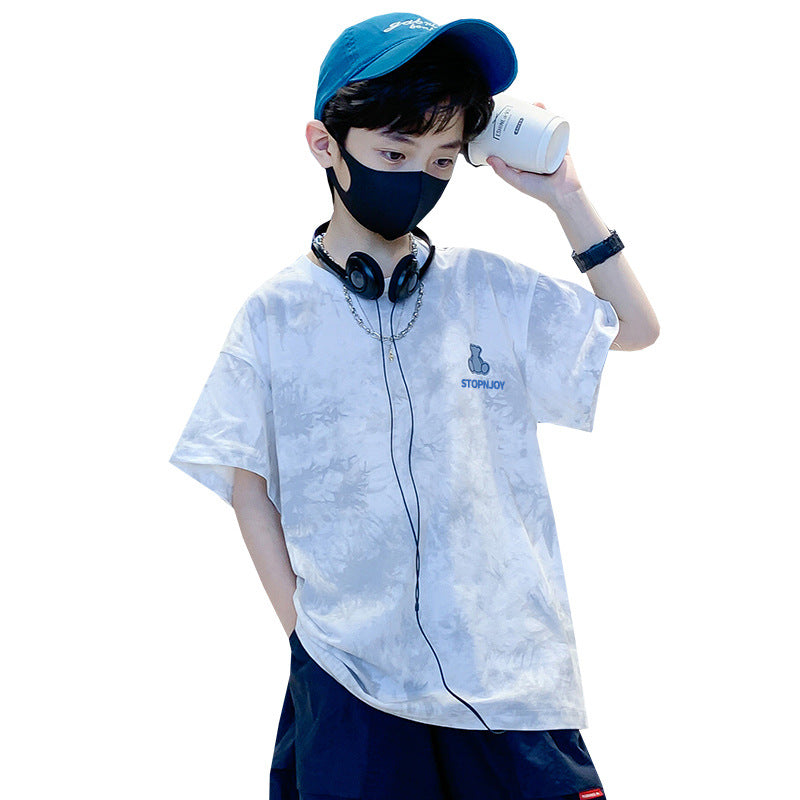 Z25030407棉質童裝男女短袖t恤夏季新款紮染印花潮兒童寶寶半袖上衣中小童