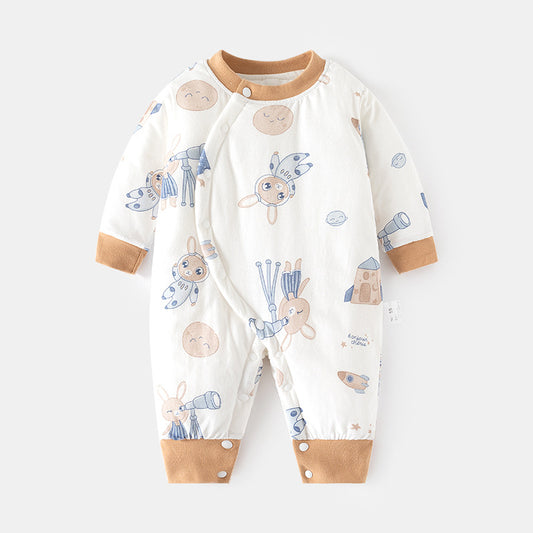 GJ25102107嬰兒加棉連身衣寶寶120克夾棉秋冬無骨哈衣薄棉加厚偏襟爬服兒童