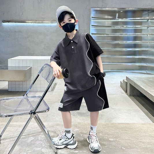 🎈精品童裝🎈FH25062701男童套裝夏季中大童夏裝男孩個性拼接短袖休閒運動兩件套