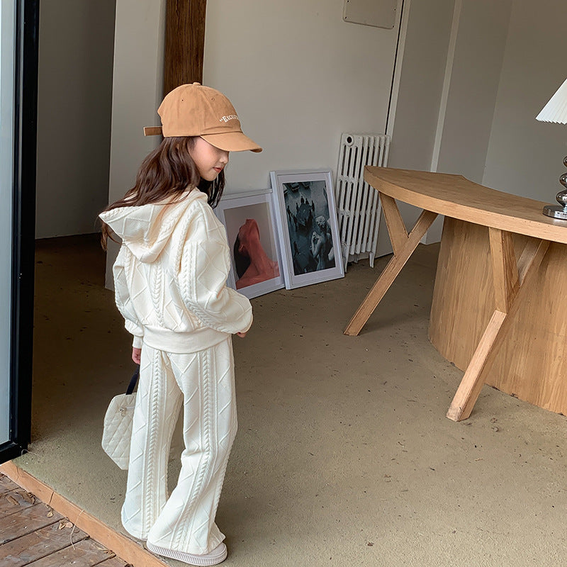 J23113003女童套裝秋裝新款小女孩韓版短版針織長袖上衣開叉喇叭褲兩件套潮