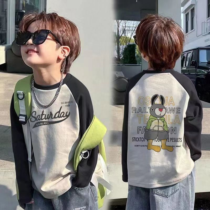 CE25091907純棉兒童長袖T恤春秋新款男童卡通插肩袖上衣中小童寶寶打底衫