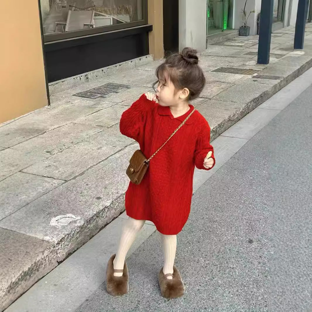 CF25091919韓系童裝秋冬新款兒童中長款寬鬆毛衣裙女童麻花針織