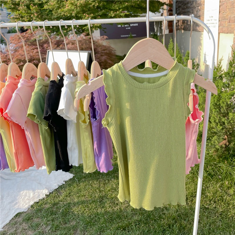 CA23072711新款韓範童裝女童夏季木耳捲邊短袖T恤女寶寶糖果色背心