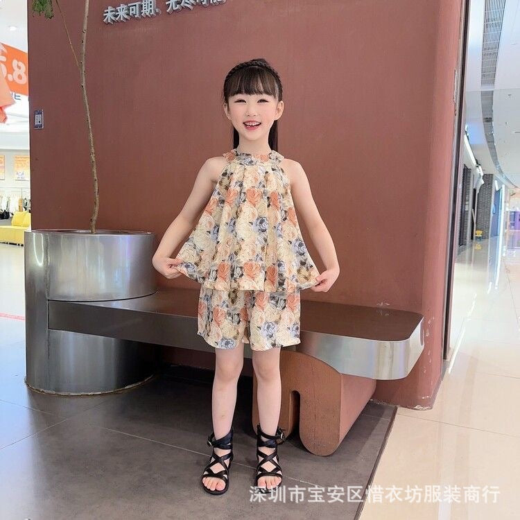 A25072303女民族風夏季新款女童無袖套裝兒童女孩洋氣薄款雪紡中小童