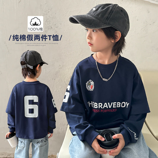GJ25082719春秋新款男童純棉假兩件長袖T卹秋裝衣服中大童運動服