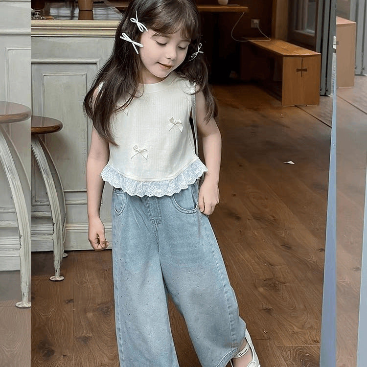 Z25030901女童蝴蝶結短小背心夏裝新款兒童甜美拼接蕾絲無袖T恤上衣潮