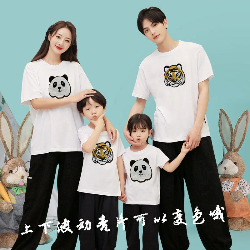 Z24032330老虎變熊貓趣味亮片T恤親子裝夏季時尚男童裝大眾休閒兒童上衣