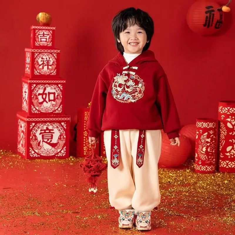 Z24110118兒童拜年服套裝男童秋冬漢服新年服寶寶唐裝過年紅色衛衣兩件套