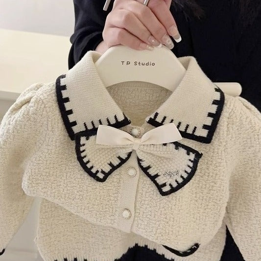 CF25091920女童秋季春季潮流蝴蝶結裙裙兒童小香風時尚針織套裝