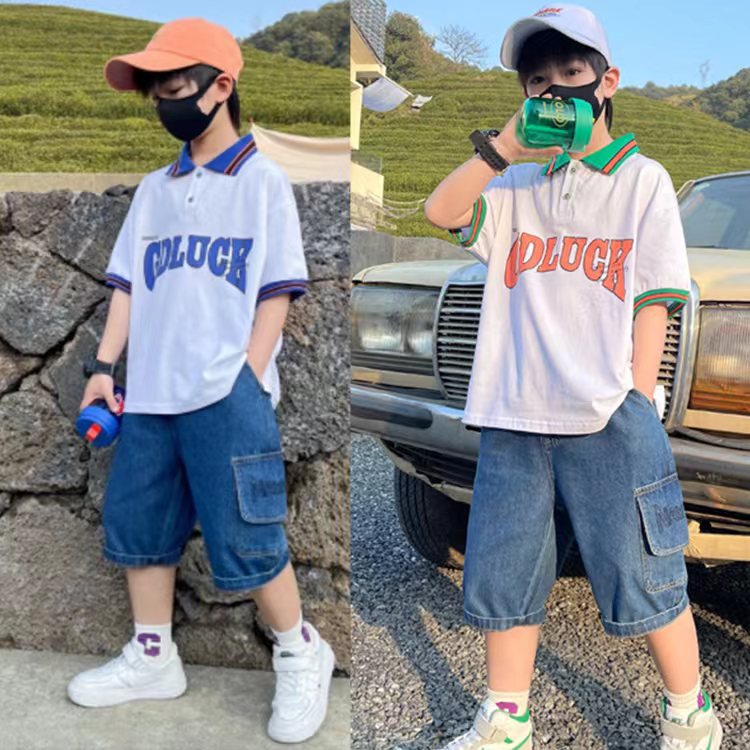 F23050215男童夏裝短袖套裝2023新款韓版休閒POLO衫-中大童