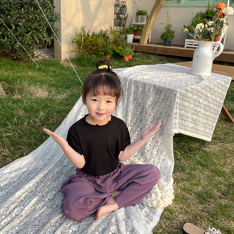 CA23072721夏季新款冰絲莫代爾女童短袖T恤木耳邊純色內搭打底衫