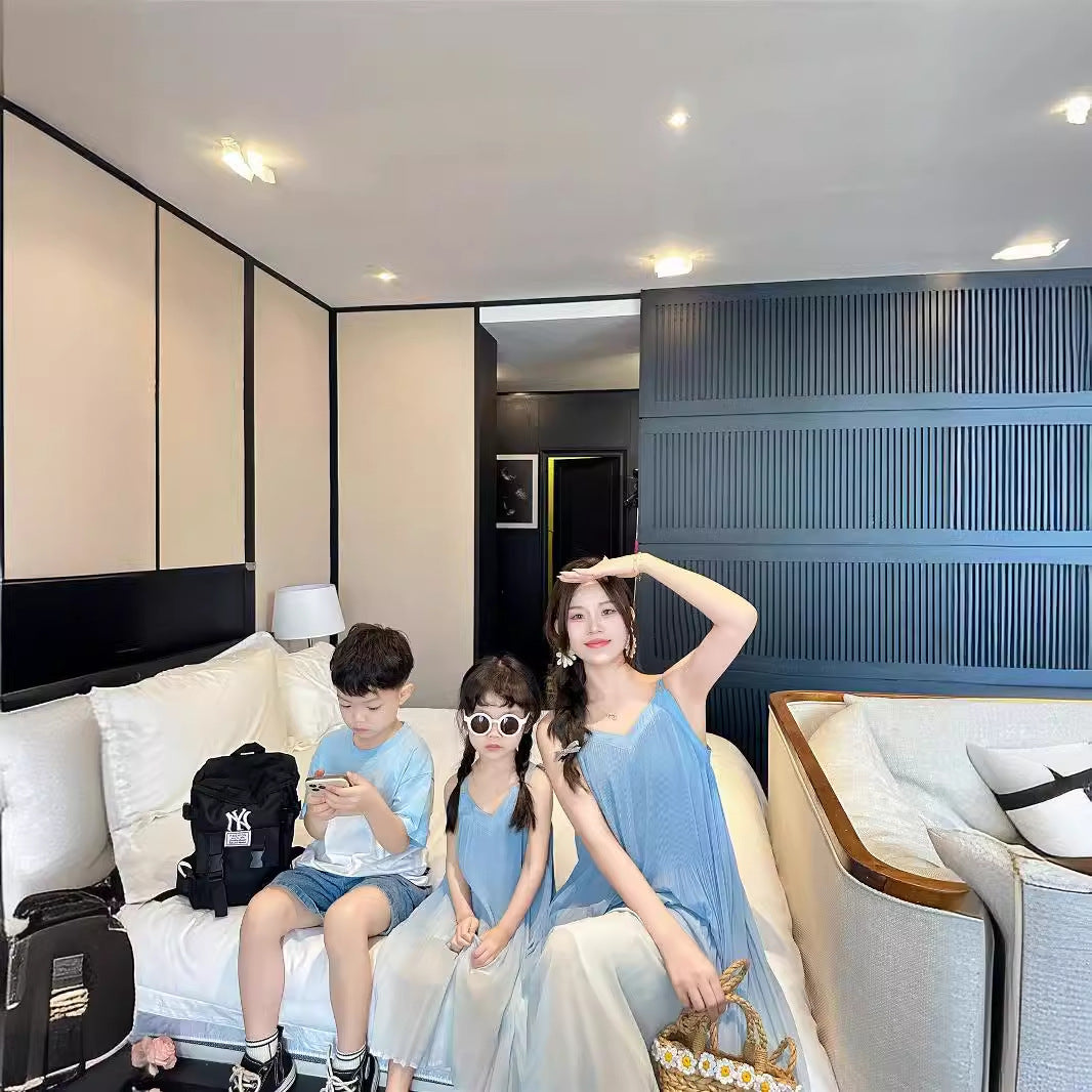 L25041705海邊度假風漸層母女吊帶洋裝女夏季新款小清新一家三口短袖T恤