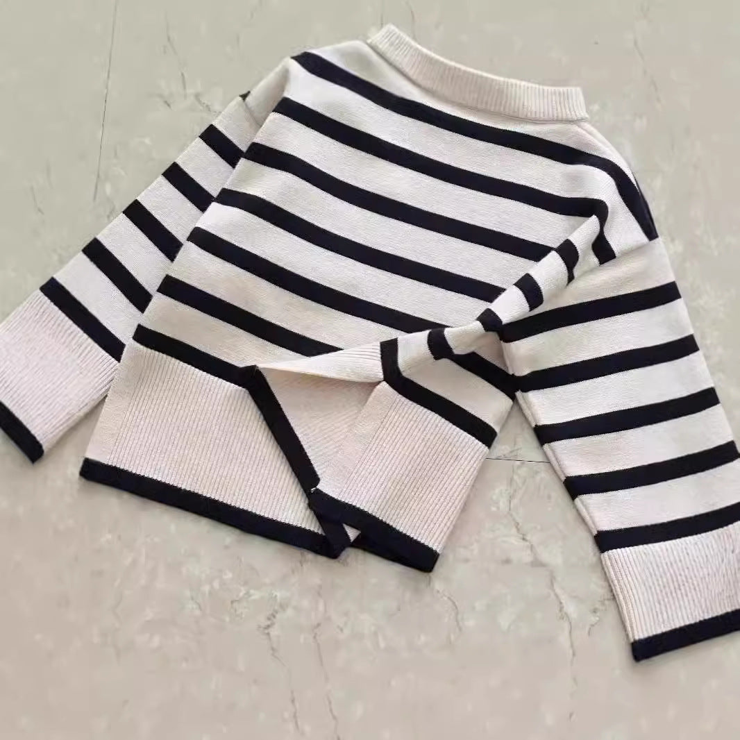 CF25091916童裝韓國版套裝秋季復古條紋毛衣套裝女童套頭毛衣修身闊腿褲