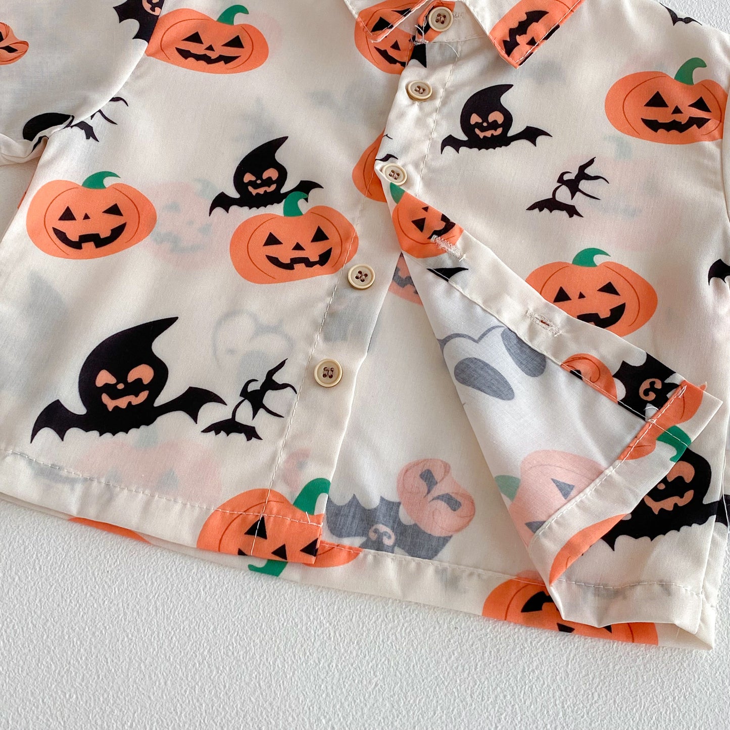 G25091112夏日款嬰兒薄款萬聖節男童帥氣Polo南瓜短袖上衣+短褲兩件套裝