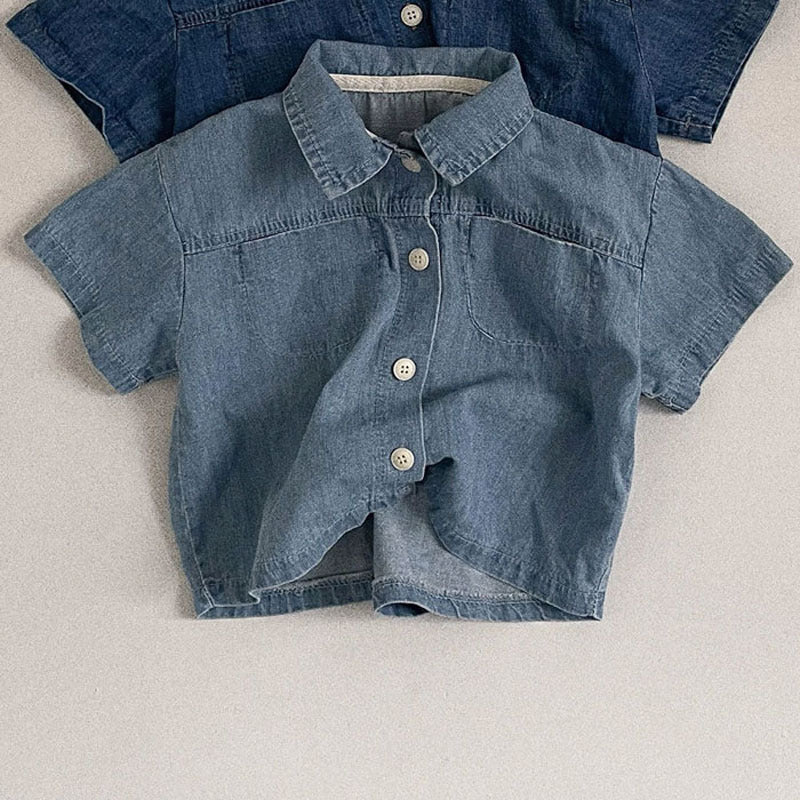 GB25032420韓版ins嬰幼兒男女寶寶短袖牛仔襯衫短褲套裝夏季時尚洋氣兩件套