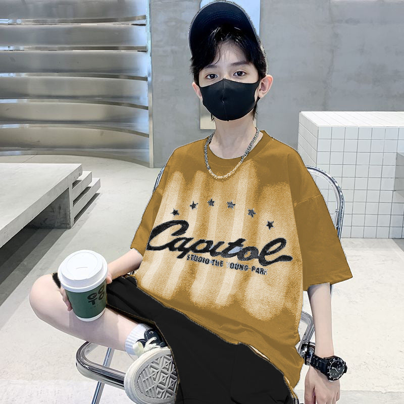 F24050706男童夏裝短袖男童2024新款體卹中大兒童夏季潮牌男孩半袖套裝